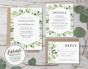 Botanical Watercolor Wedding Invitation Set - EDITABLE TEMPLATE