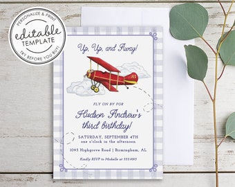 Watercolor Airplane Birthday Invitation, Fly on By, Blue Gingham, Printable - EDITABLE TEMPLATE
