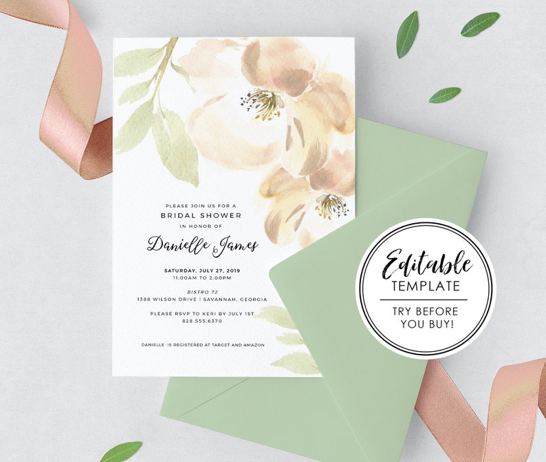 Printable Watercolor Floral Bridal Shower Invitation EDITABLE TEMPLATE