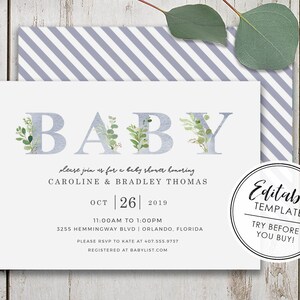 Boho Greenery Baby Shower Invitation - EDITABLE TEMPLATE - Instant Download