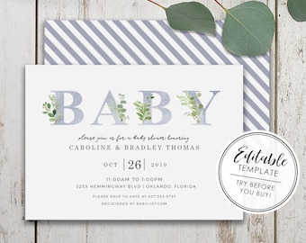 Boho Greenery Baby Shower Invitation - EDITABLE TEMPLATE - Instant Download