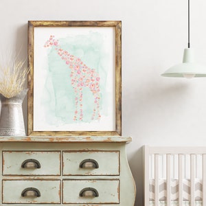 Watercolor Giraffe with Pink Flowers, Printable Nursery Art