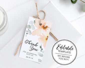 Printable Watercolor Floral Bridal / Baby Shower Favor Gift Tag - EDITABLE TEMPLATE