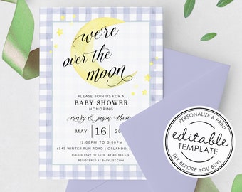 Watercolor "Over the Moon" Gingham Baby Shower Invitation - EDITABLE TEMPLATE - Instant Download