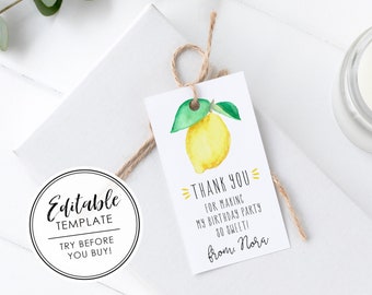 Printable Main Squeeze Lemon Birthday Party Favor Gift Tag - EDITABLE TEMPLATE