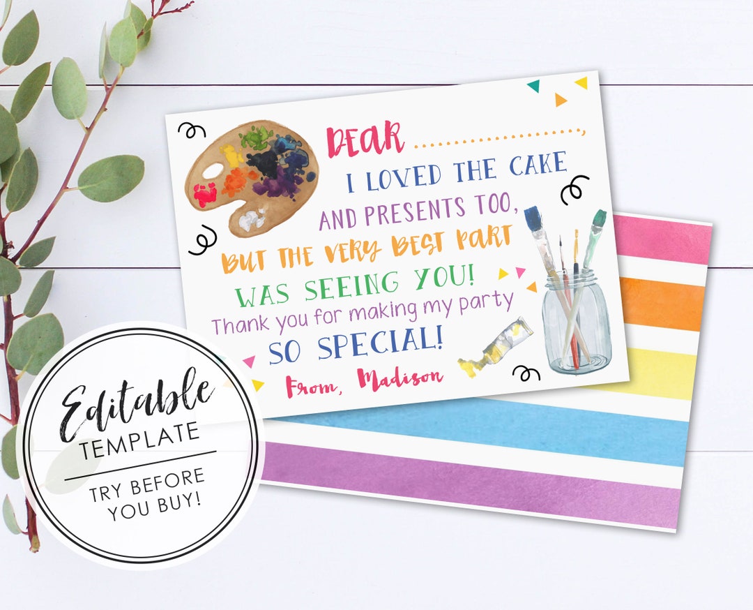 Art Party Birthday Thank You Card - EDITABLE TEMPLATE - Etsy
