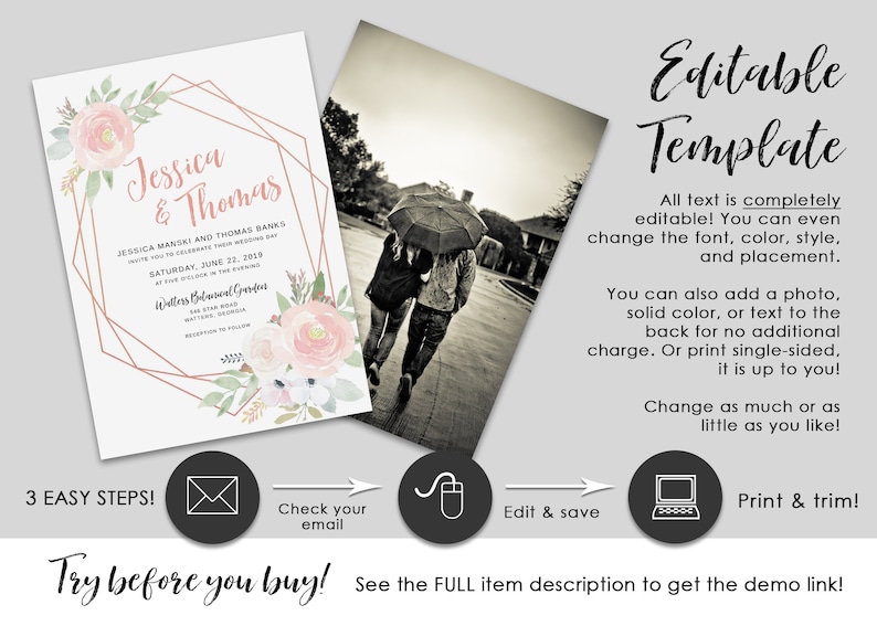 Printable Geometric Pink Floral Watercolor /& Rose Gold Wedding Invitation Set EDITABLE TEMPLATE