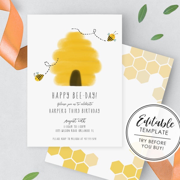 Happy BEE Day Birthday Invitation - EDITABLE TEMPLATE