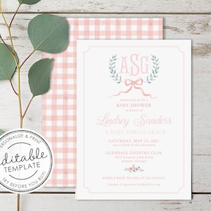 Invitación para baby shower con monograma y escudo de acuarela a cuadros vichy, imprimible - PLANTILLA EDITABLE