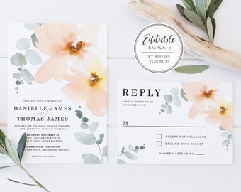 Watercolor Floral Modern Wedding Invitation Set - EDITABLE TEMPLATE
