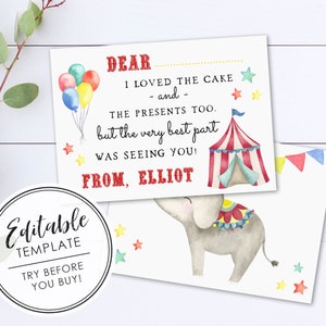 Carte de remerciement d'anniversaire cirque - MODÈLE MODIFIABLE