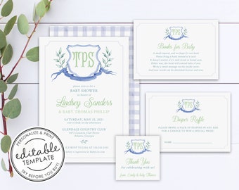 Watercolor Monogram Crest Baby Shower Invitation SET - EDITABLE TEMPLATE - Instant Download