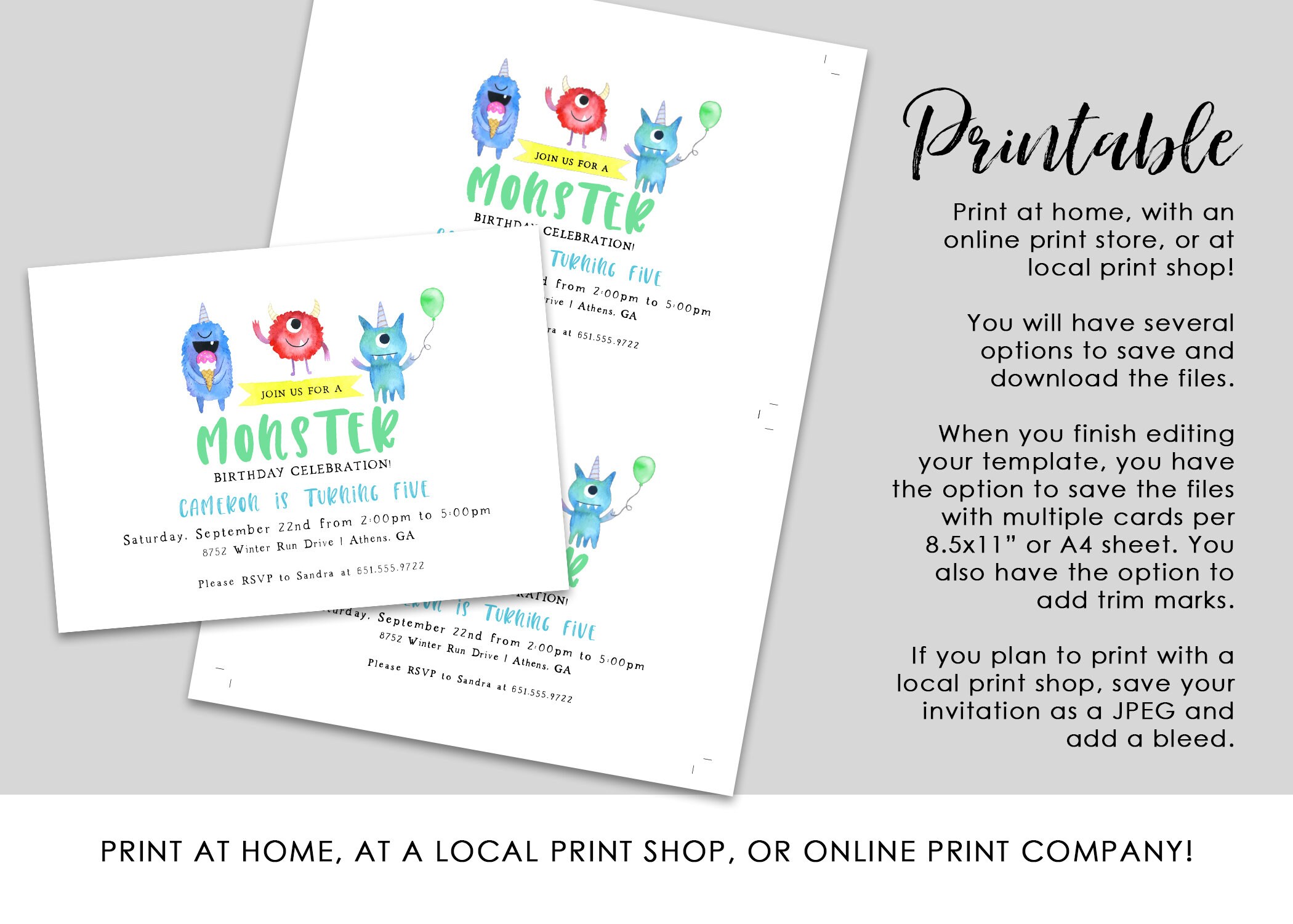 Printable Monster Birthday Invitation EDITABLE TEMPLATE | Etsy
