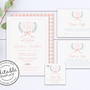 Invitación para baby shower con monograma y escudo en color rosa - PLANTILLA EDITABLE - Descarga instantánea