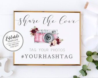 Social Media Hashtag Sign, Printable Wedding Sign - Editable Template