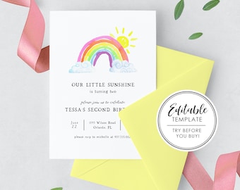 Watercolor Rainbow Printable Birthday Invitation - EDITABLE TEMPLATE