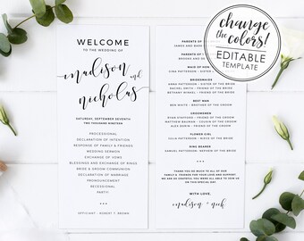 Modern Calligraphy Wedding Program - EDITABLE TEMPLATE - Instant Download