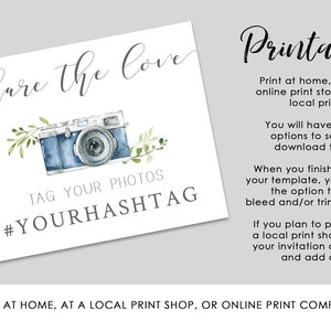 Social Media Hashtag Sign, Printable Wedding Sign, Blue Camera Editable Template image 4