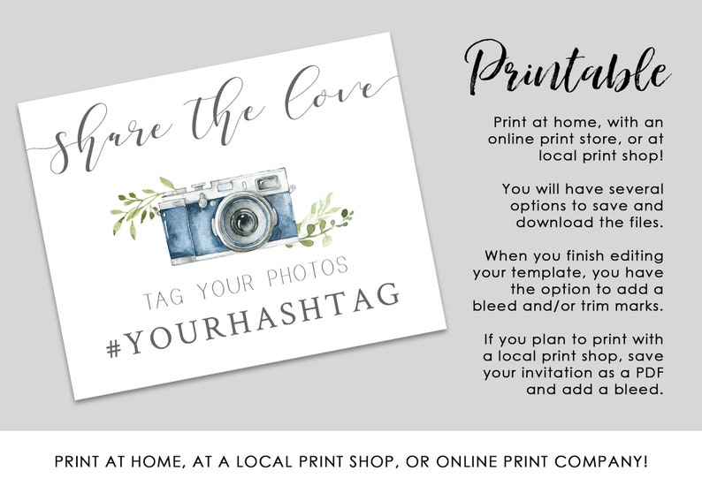 Social Media Hashtag Sign, Printable Wedding Sign, Blue Camera Editable Template image 4