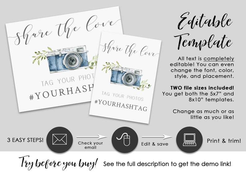 Social Media Hashtag Sign, Printable Wedding Sign, Blue Camera Editable Template image 3