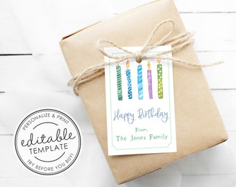 Watercolor Birthday Candles Birthday Printable Gift Tag - EDITABLE TEMPLATE