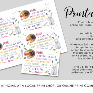 Art Party Birthday Thank You Card - EDITABLE TEMPLATE - Etsy