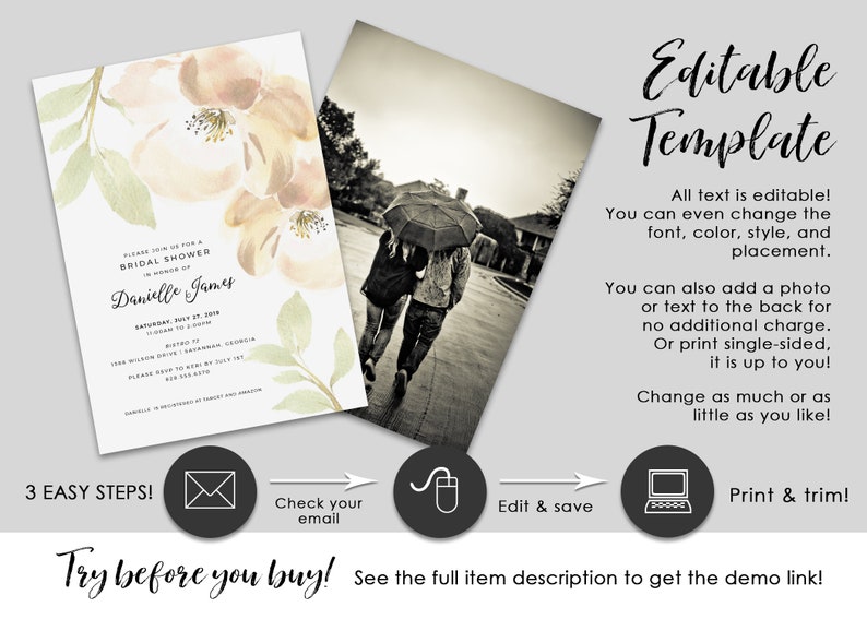 Printable Watercolor Floral Bridal Shower Invitation EDITABLE TEMPLATE