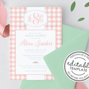 Monogram Watercolor Gingham Bridal Shower Invitation, Printable - EDITABLE TEMPLATE