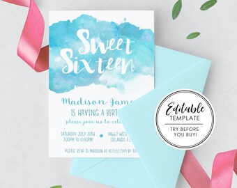 Aqua Watercolor Sweet Sixteen Birthday Invitation, Printable - EDITABLE TEMPLATE