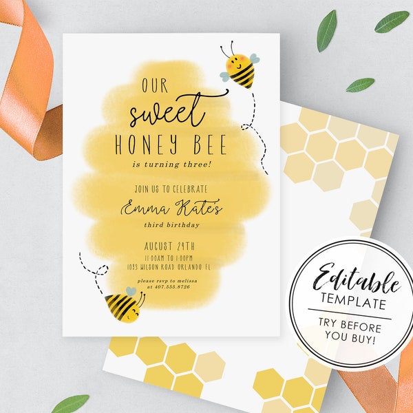 Honey Bee Birthday Invitation - EDITABLE TEMPLATE