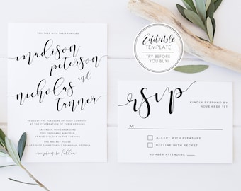 Modern Calligraphy Wedding Invitation Set - EDITABLE TEMPLATE