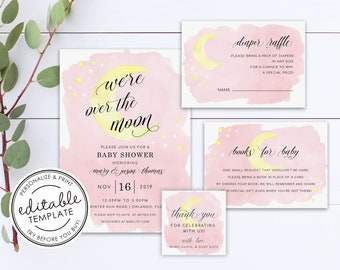 Watercolor "Over the Moon" Pink Baby Shower Invitation SET - EDITABLE TEMPLATE - Instant Download