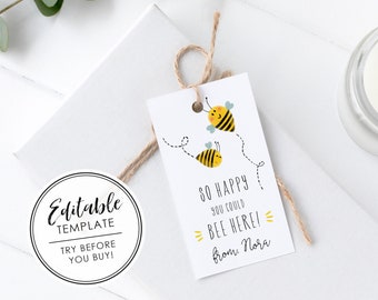 Printable Happy Bee-day Birthday Party Favor Gift Tag - EDITABLE TEMPLATE