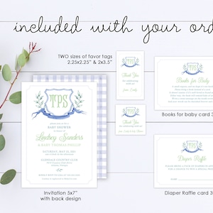 Watercolor Monogram Crest Baby Shower Invitation SET EDITABLE TEMPLATE Instant Download image 2