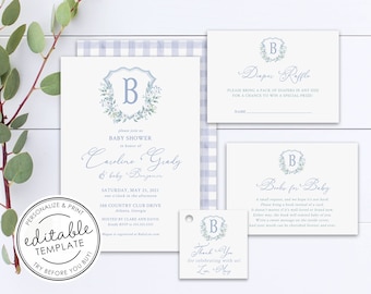 Watercolor Monogram Crest Baby Shower Invitation SET - EDITABLE TEMPLATE - Instant Download