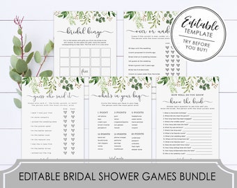 Simple Botanical Greenery Bridal Shower Game Bundle- EDITABLE TEMPLATE