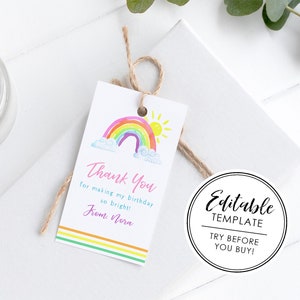Printable Watercolor Rainbow Birthday Favor Gift Tag - EDITABLE TEMPLATE