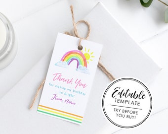 Printable Watercolor Rainbow Birthday Favor Gift Tag - EDITABLE TEMPLATE