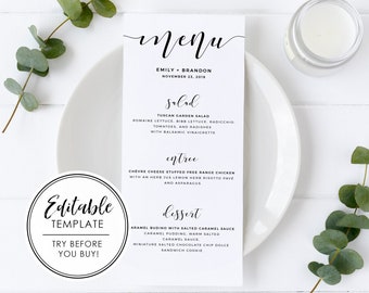 Modern Calligraphy Wedding Menu - EDITABLE TEMPLATE - Instant Download