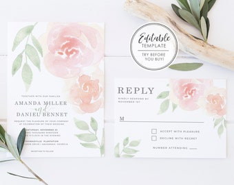 Watercolor Pink Floral Wedding Invitation Set - EDITABLE TEMPLATE