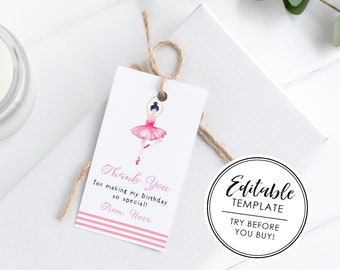 Printable Ballerina Watercolor Birthday Favor Gift Tag - EDITABLE TEMPLATE