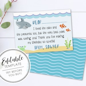 Under the Sea Shark Birthday Thank You Card - EDITABLE TEMPLATE