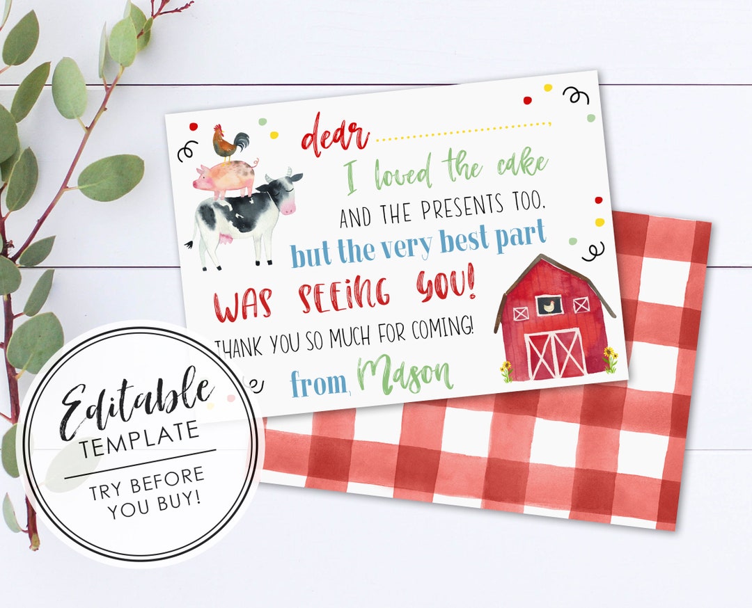 Farm Birthday Thank You Card - EDITABLE TEMPLATE - Etsy