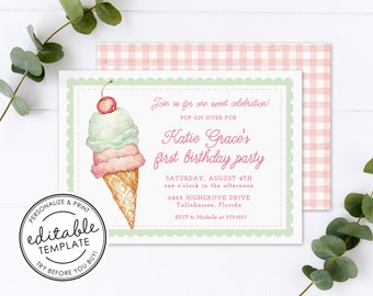 Ice Cream Cone Birthday Invitation, Pink Gingham, Printable - EDITABLE TEMPLATE