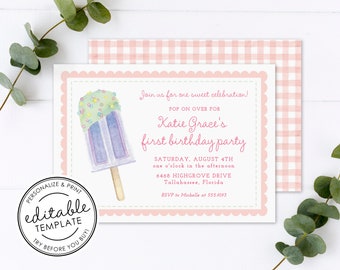 Ice Pop Birthday Invitation, Pink Gingham, Printable - EDITABLE TEMPLATE