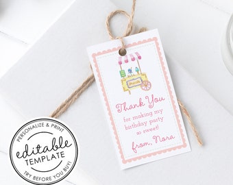 Ice Cream Cart Printable Favor Tag, Pink - EDITABLE TEMPLATE