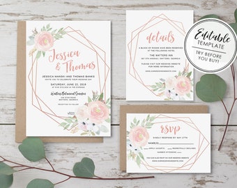 Geometric Pink Floral Watercolor & Rose Gold Wedding Invitation Set, Printable - EDITABLE TEMPLATE