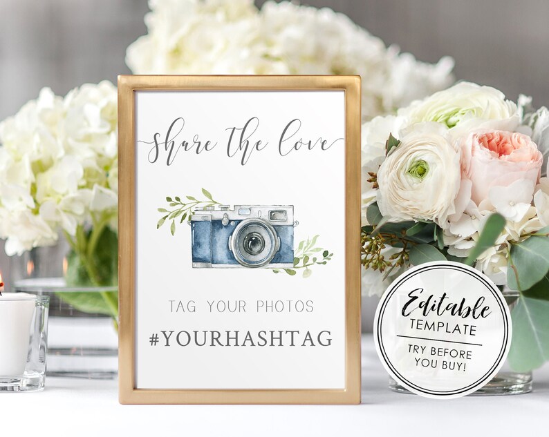 Social Media Hashtag Sign, Printable Wedding Sign, Blue Camera Editable Template image 1