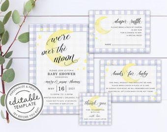 Watercolor "Over the Moon" Gingham Baby Shower Invitation SET - EDITABLE TEMPLATE - Instant Download