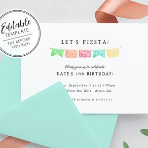 Fiesta Watercolor Birthday Invitation, Printable - EDITABLE TEMPLATE